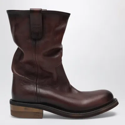 Miu Miu Brown Foule Calfskin Ankle Boots In Burgundy