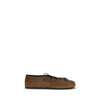 Miu Miu Leather Ballerina Shoes Flat Sole Round Toe In Brown