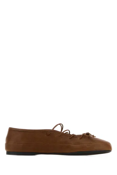 Miu Miu Leather Ballerina Shoes Flat Sole Round Toe In Brown