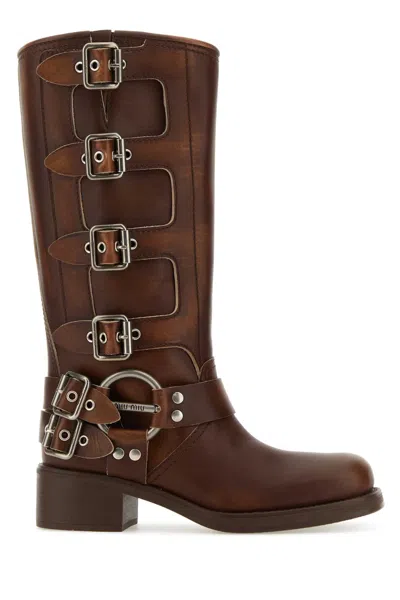 Miu Miu Stivali Buckle-detailed Leather Knee Boots In Brown