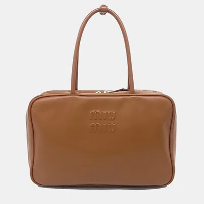 Pre-owned Miu Miu Brown Leather Embossed Logo Bowling Bag