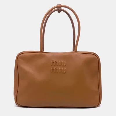 Pre-owned Miu Miu Brown Leather Embossed Logo Bowling Bag