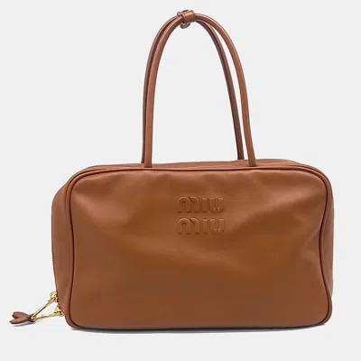 Pre-owned Miu Miu Brown Leather Embossed Logo Bowling Bag
