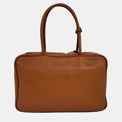 Pre-owned Miu Miu Brown Leather Embossed Logo Bowling Bag