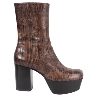 Pre-owned Miu Miu Brown Leather Faux Lizard Platform Boots Shoes 36