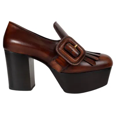 Pre-owned Miu Miu Brown Leather Fringe Loafer Platform Pumps Shoes 36