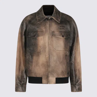 Miu Miu Black Washed Leather Jacket In Multi
