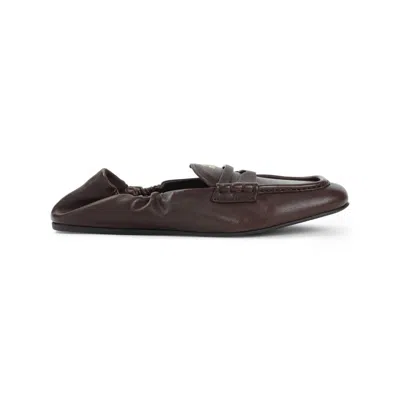 Miu Miu Brown Leather Loafers With Gathered Detail In Black