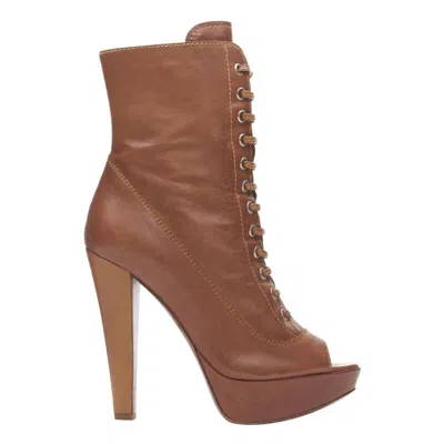 Pre-owned Miu Miu Brown Leather Peep Toe Platform Laced Up High Heel Bootie Eu37.5