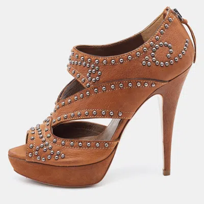 Pre-owned Miu Miu Brown Leather Studded Platform Sandals Size 37