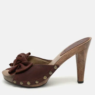 Pre-owned Miu Miu Brown Leather Wooden Clog Slide Sandals Size 39