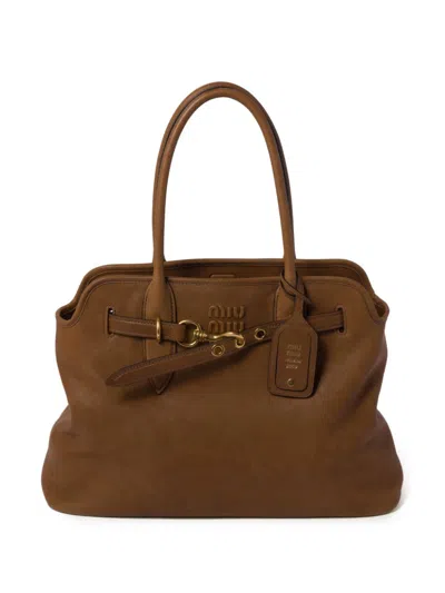 Miu Miu Brown Logo-embossed Leather Tote Bag
