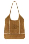 Miu Miu Suede Leather Shopping Bag With Contrast Stitching In Brown
