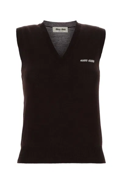 Miu Miu Brown Logo V Neck Sweater