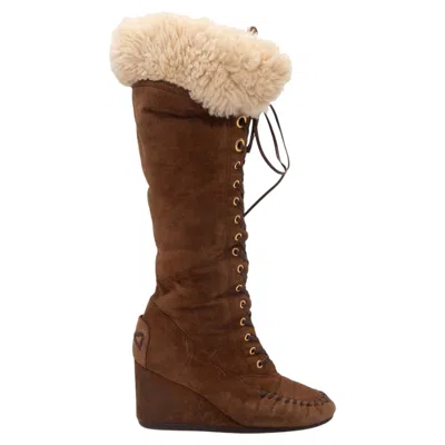 Pre-owned Miu Miu Brown  Shearling Knee-high Wedge Boots Size 37.5