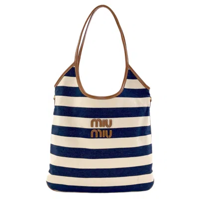 Pre-owned Miu Miu Brown Navy White Canvas Leather Tote Bag () In Brown, Navy, White