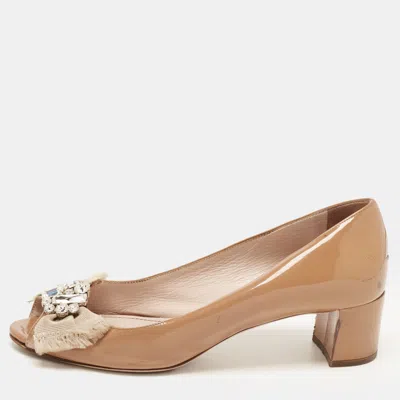 Pre-owned Miu Miu Brown Patent Leather Crystal Embellished Peep Toe Block Heel Pumps Size 36.5