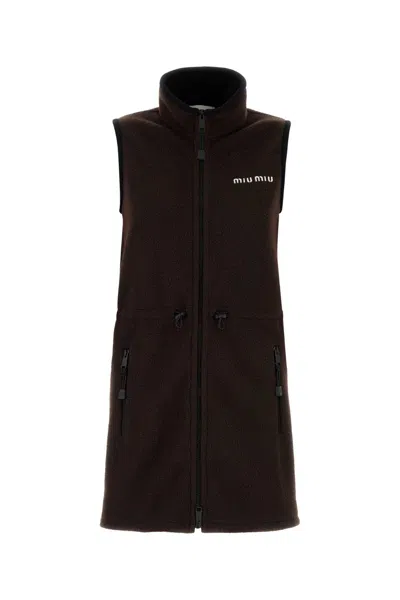 Miu Miu Mini Dress With Drawstring Waist And High Collar In Brown