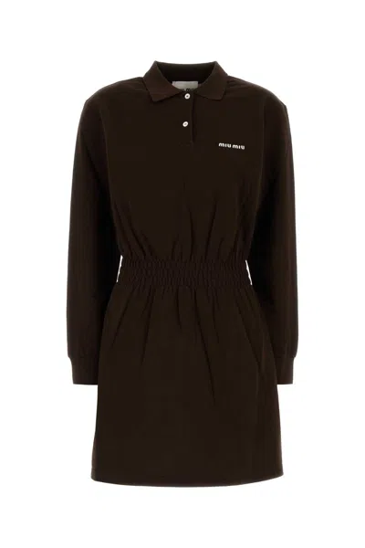 Miu Miu Long-sleeve Mini Polo Shirtdress In Brown