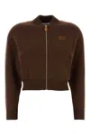 Miu Miu Stretch Cashmere Blend Cardigan With Ribbed Cuffs And Hem In Brown