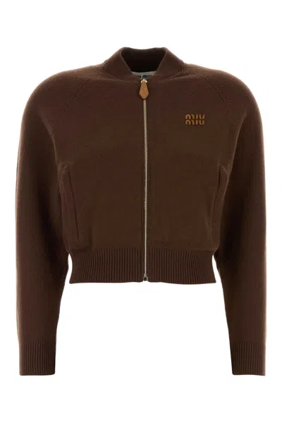 MIU MIU MIU MIU BROWN STRETCH CASHMERE BLEND CARDIGAN