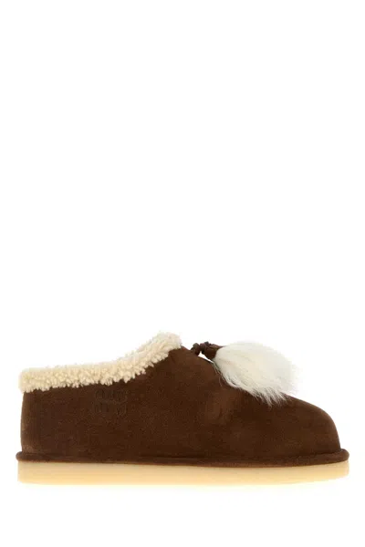 Miu Miu Suede Ankle Loafers Fur Trim In Brown