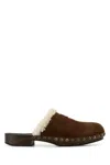 Miu Miu Suede Clogs With Studded Trim And Wooden Sole In Brown