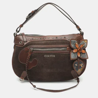 Pre-owned Miu Miu Brown Suede Floral Applique Shoulder Bag