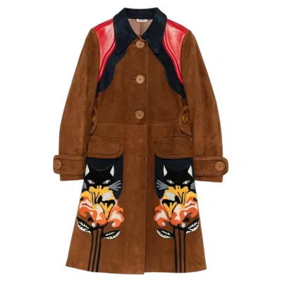 Pre-owned Miu Miu Brown Suede Flower-cat Patch Coat
