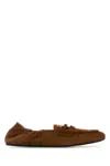 Miu Miu Suede Loafers Flat Sole Gathered Detail In Brown