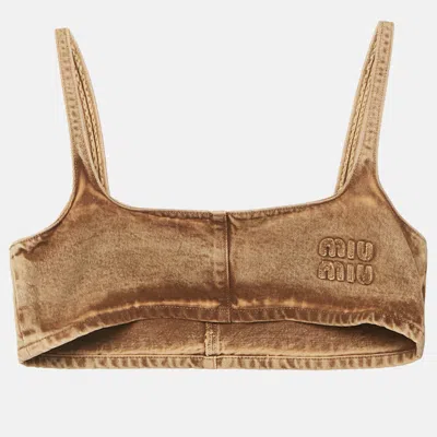 Pre-owned Miu Miu Brown Washed Cotton Logo Applique Crop Top S