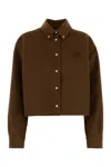 Miu Miu Cropped Long Sleeve Wool Blend Shirt In Brown