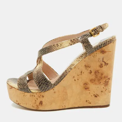Pre-owned Miu Miu Brown/cream Python Embossed Leather Platform Wedge Sandals Size 38