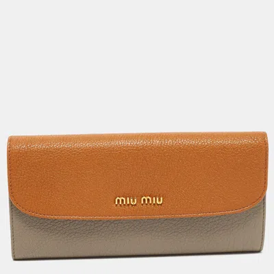 Pre-owned Miu Miu Brown/grey Madras Leather Flap Continental Wallet