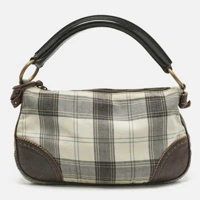 Pre-owned Miu Miu Brown/grey Tartan Plaid Fabric And Leather Zip Hobo