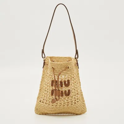 Pre-owned Miu Miu Brown/natural Woven Raffia Mini Bucket Bag