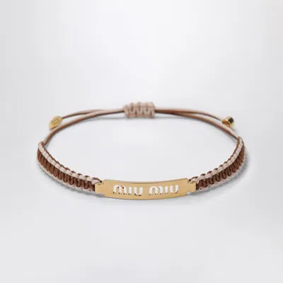 Miu Miu Brown/sand Beige Braided Cord Bracelet In Gold