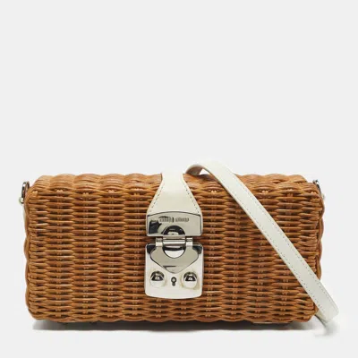 Pre-owned Miu Miu Brown/white Woven Rattan And Leather Clutch