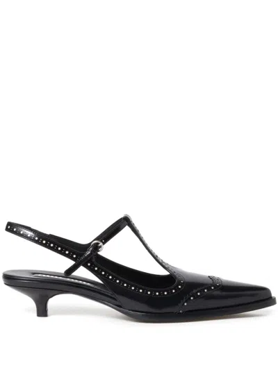 Miu Miu Women Leather Brogue Slingback T-strap Pumps In Black