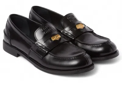 Pre-owned Miu Miu Brushed Leather Penny Loafers (women's) Sneakers In Black