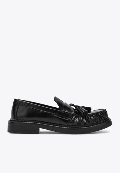 Miu Miu Brushed Leather Tassel Loafers In Black
