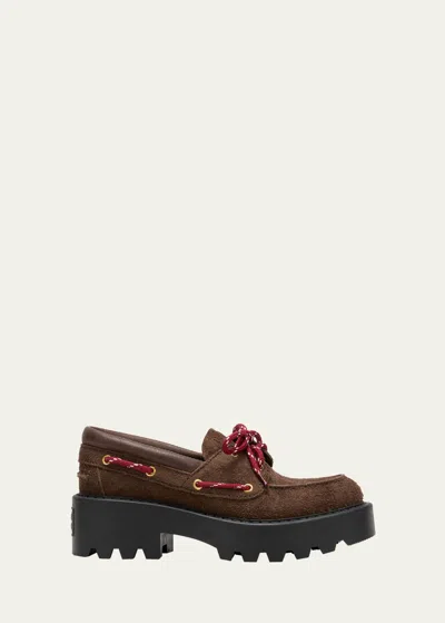 Miu Miu Brushed Suede Lace-up Loafers In Brown