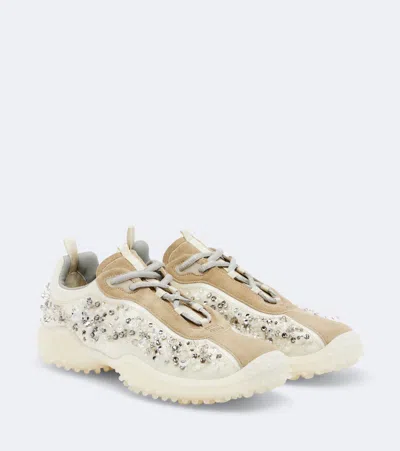 Miu Miu Bubble Embellished Suede-trimmed Sneakers In White