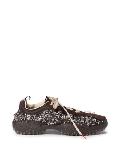 Miu Miu Bubble Embroidered Technical Fabric And Suede Sneakers In Brown