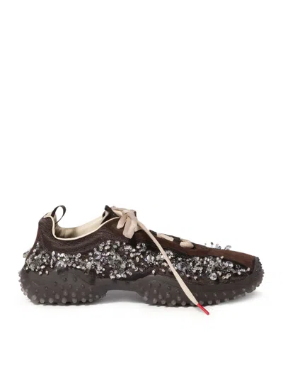 Miu Miu Bubble Sneakers In Technical Fabric And Suede With Embroidery In Brown