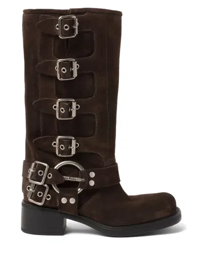 MIU MIU BUCKLE-DETAIL BLOCK-HEEL BOOTS