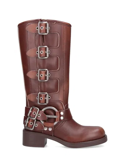 Miu Miu Buckle Detail Boots In Brown