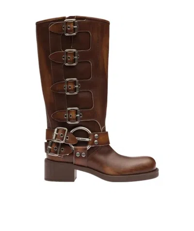 Miu Miu Buckle-detail Leather Boots In Green