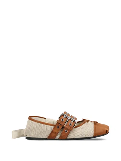 Miu Miu Canvas Ballerinas Round Toe Contrast Cap In Brown