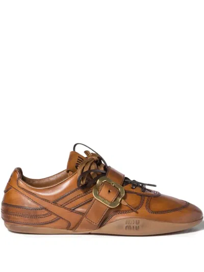 Miu Miu Cognac-colored Leather Sneakers With Buckle In Multi